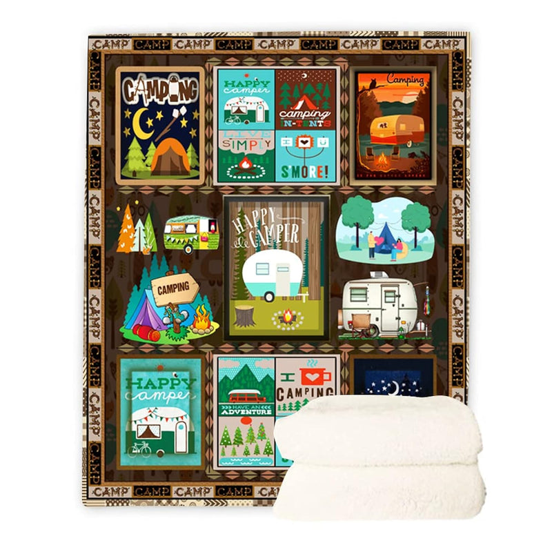 Camping Blanket Retro Bus Camper Decor Sherpa Blanket Happy Camping Soft Plush