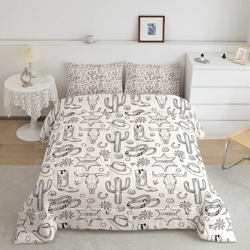 Western Cowboy Kids Comforter Set Full Size,Cow Skull Horseshoe Cactus Rustic