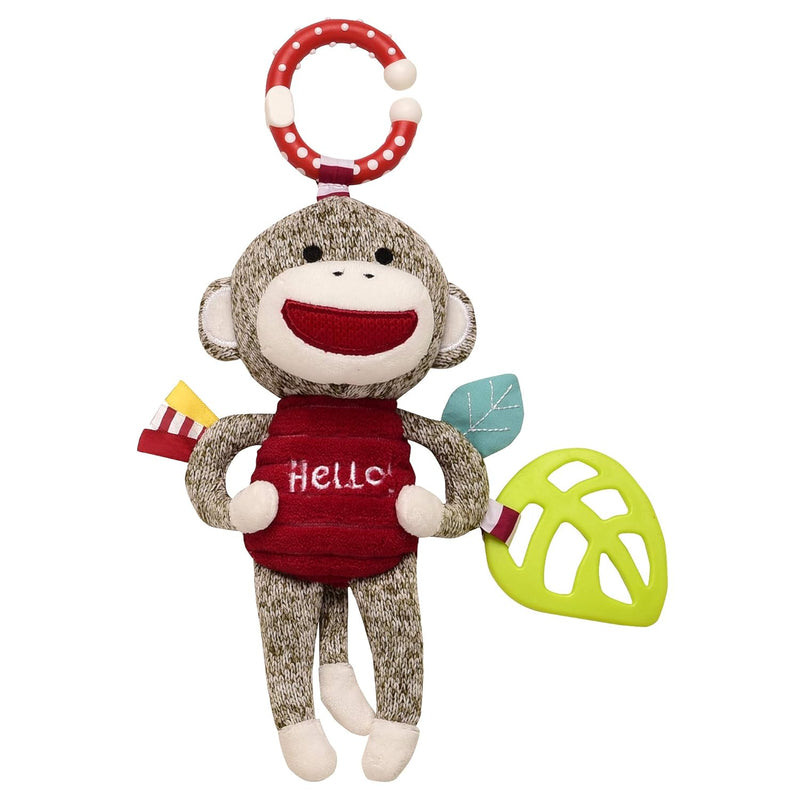 Sock Monkey Crinkle, Rattle, Squeak Plush With Teether And Travel Hook, 9 Inch