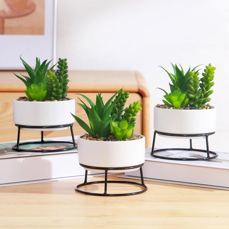 3 Packs Artificial Plants & Greenery With Ceramic Planters, Potted Plants For