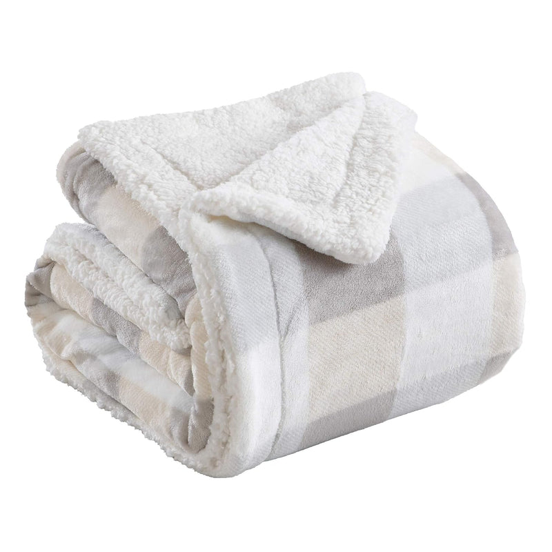Sherpa Fleece And Velvet Plush Twin Throw Blanket Taupe & Grey Buffalo Check |