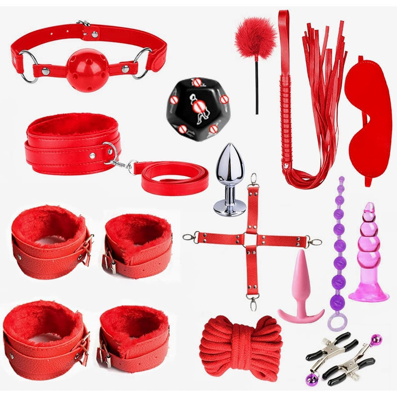 Bdsm Restraints 15 Pcs Sex Toys Bondage Restraints Kits Fetish Bed Restraints Set For Beginners Sm Adult Games Spanking Paddle Red
