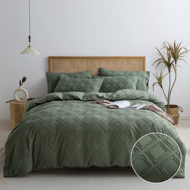 Green Duvet Cover Set Queen Size - Microfiber Tufted, Boho Textured, Jacquard