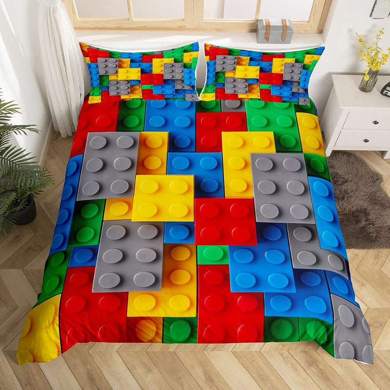 Colorful Toy Bedding Set 3D Building Blocks Pattern Duvet Cover Kids Boys Toy