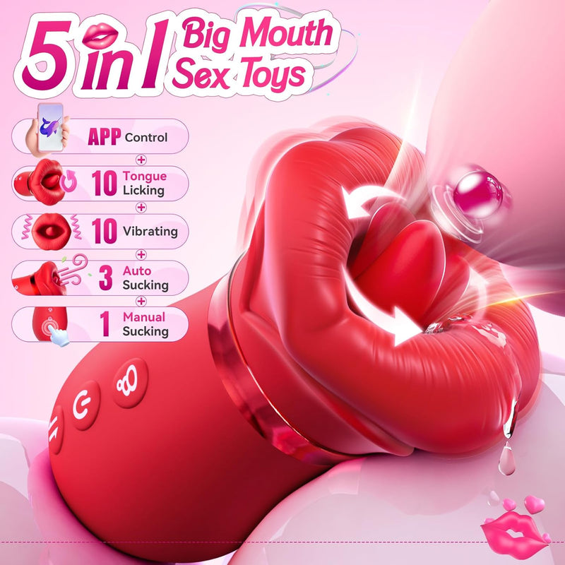 Vibrator Adult Sex Toys For Women - 5In1 Mouth Rose Toy Clit Sucker, 10 Tongue Licking, 3 Auto & 1 Manual Sucking Adult Toys Upgraded App, Clit Nipple Anal Vibrators Female Couples Sex Toys
