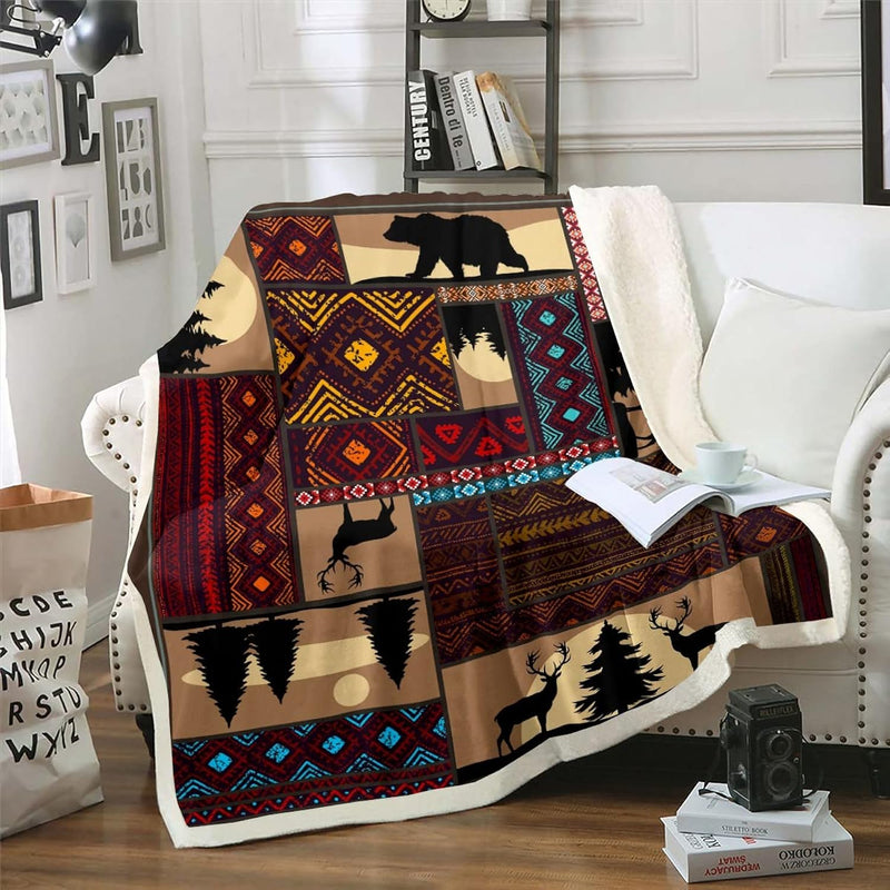 Deer Moose Bear Fleece Blanket Twin 60"X80",Boho Aztec Sherpa Blanket Western