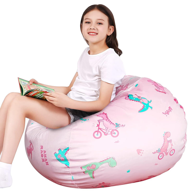 Stuffed Animal Storage, Pink Dinosaur Bean Bag Chairs For Kids 3-8, Dinosaur B