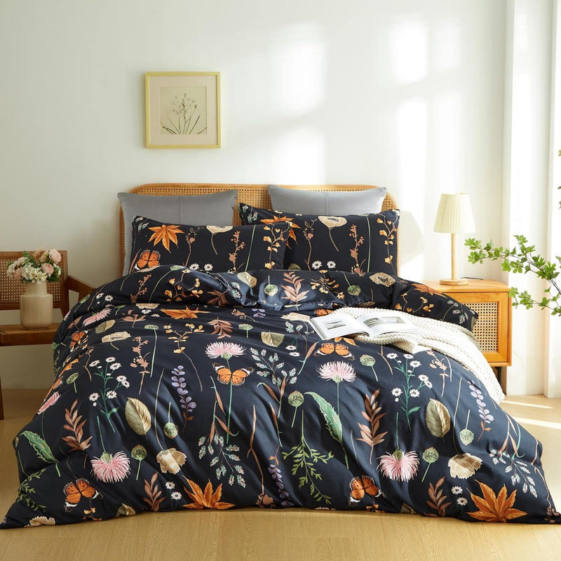 Black Floral Duvet Cover King Size Colorful Botanical Yellow Butterfly Printed