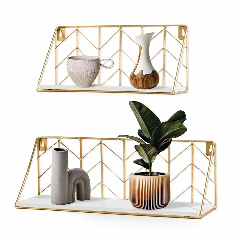 Gold Floating Shelves For Wall Set Of 2, White Wall Mounted Shelf Decor, Wood