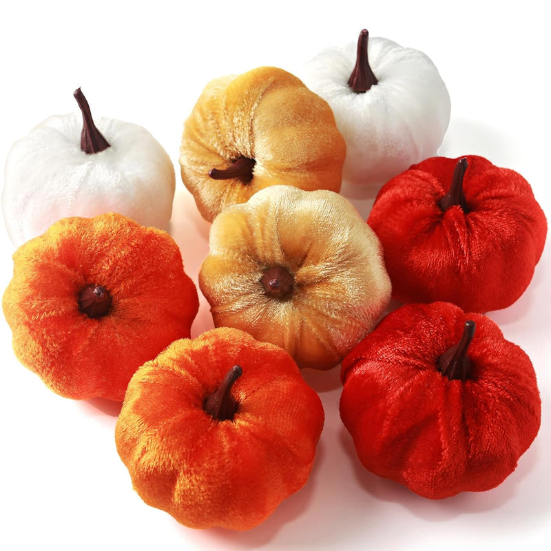 Artificial Pumpkins Set, 8Pcs Velvet Pumpkins Fake Decorative Pumpkins Foam Pu