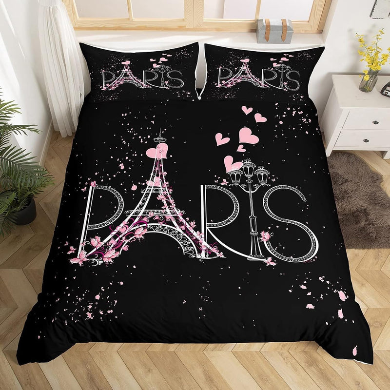 Paris Comforter Cover Set Queen Size Eiffel Tower Bedding Set Kids Girls Black