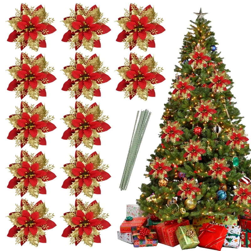 12 Pcs Christmas Glitter Artificial Poinsettia Flowers, Christmas Flowers Deco