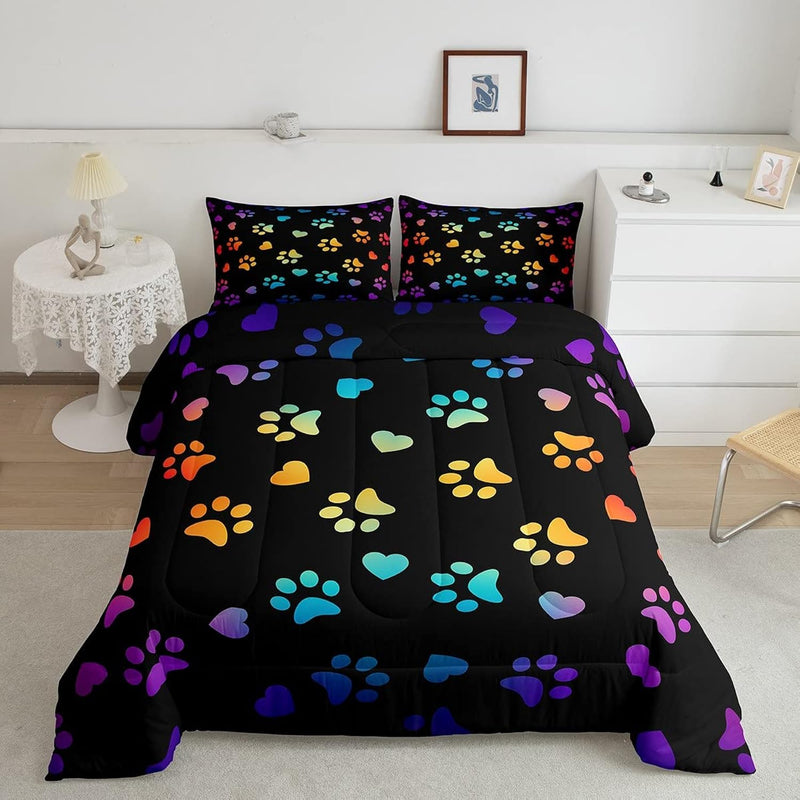 Dog Paw Print Kids Comforter Set Twin Size,Animal Pet Neon Bedding Set,Girls B