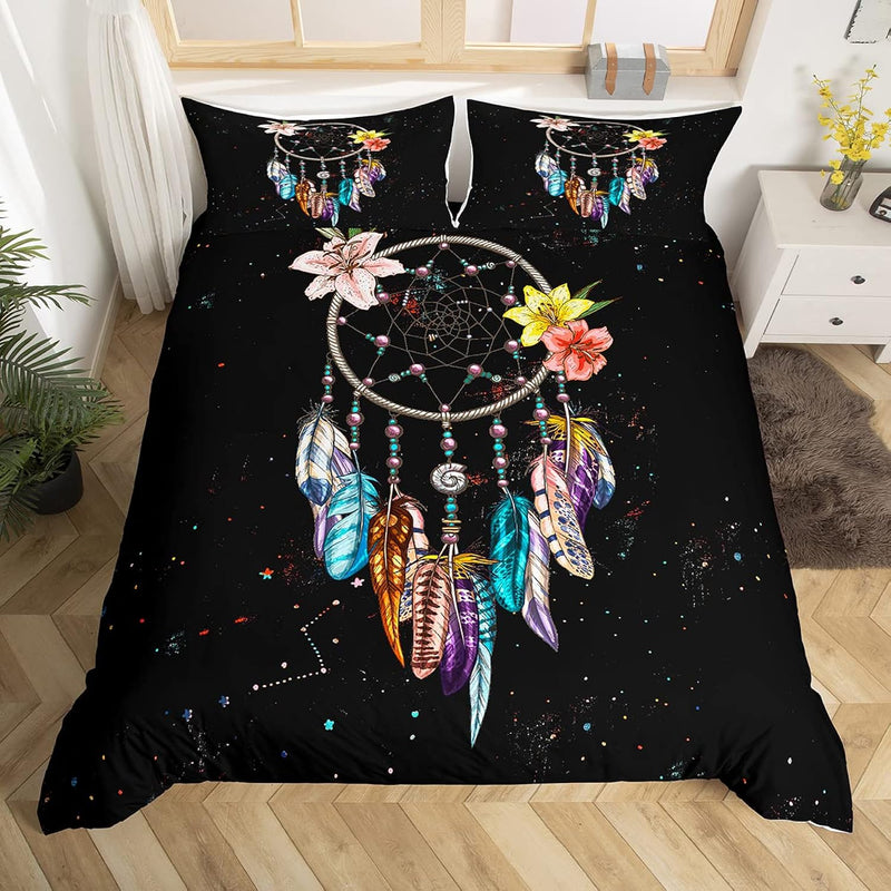 Bohemian Comforter Set Queen Size Dream Catcher Bedding Set, Colorful Feather