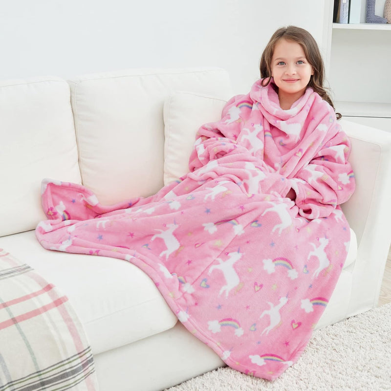 Wearable Fleece Blanket With Sleeves & Foot Pocket For Kids Boys Girls Childre