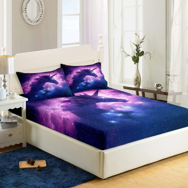 Purple Galaxy Unicorn Fitted Sheet Twin Size,Galaxy Bed Sheet Set,Starry Sky U