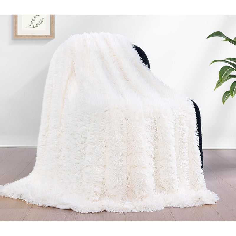 Cream Throw Blanket, Soft Fuzzy Faux Fur Throw Blanket 50"X60", Solid Reversib