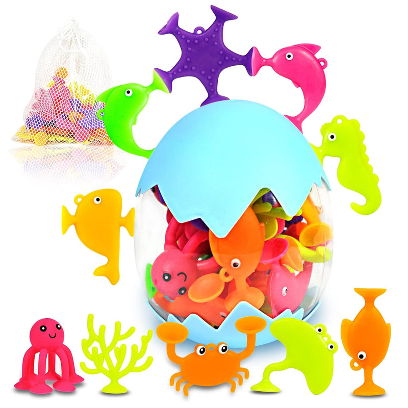 Suction Bath Toys For Kids, 18 Pcs Silicone Ocean Animal Suction Cup Toys W