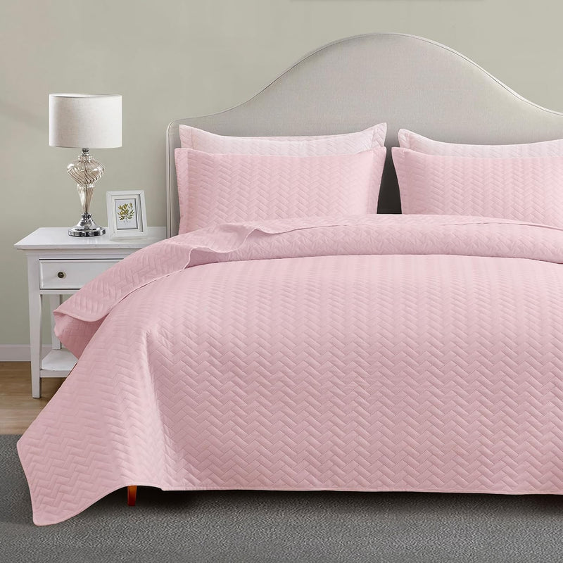 Quilt Set Queen Size, Lightweight Pink Bedspread Ultrasonic Chevron Pattern Li