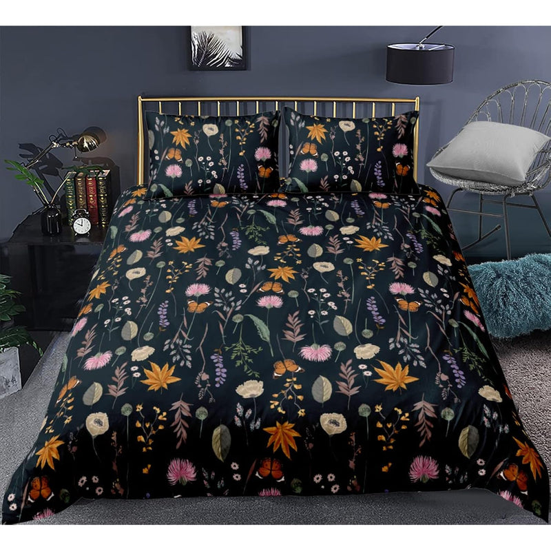 Black Floral Duvet Cover Queen Reversible White 3 Pieces Super Soft Microfiber