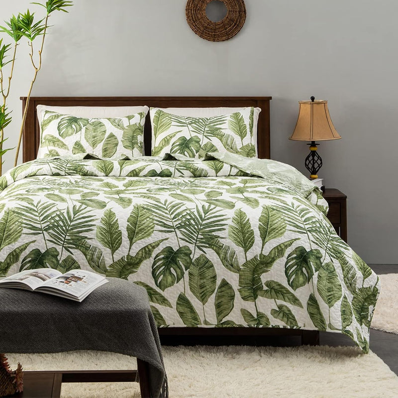 Tropical Plants Quilt Set Queen Size 3 Pieces, Green Palm Leaves Rainforest St