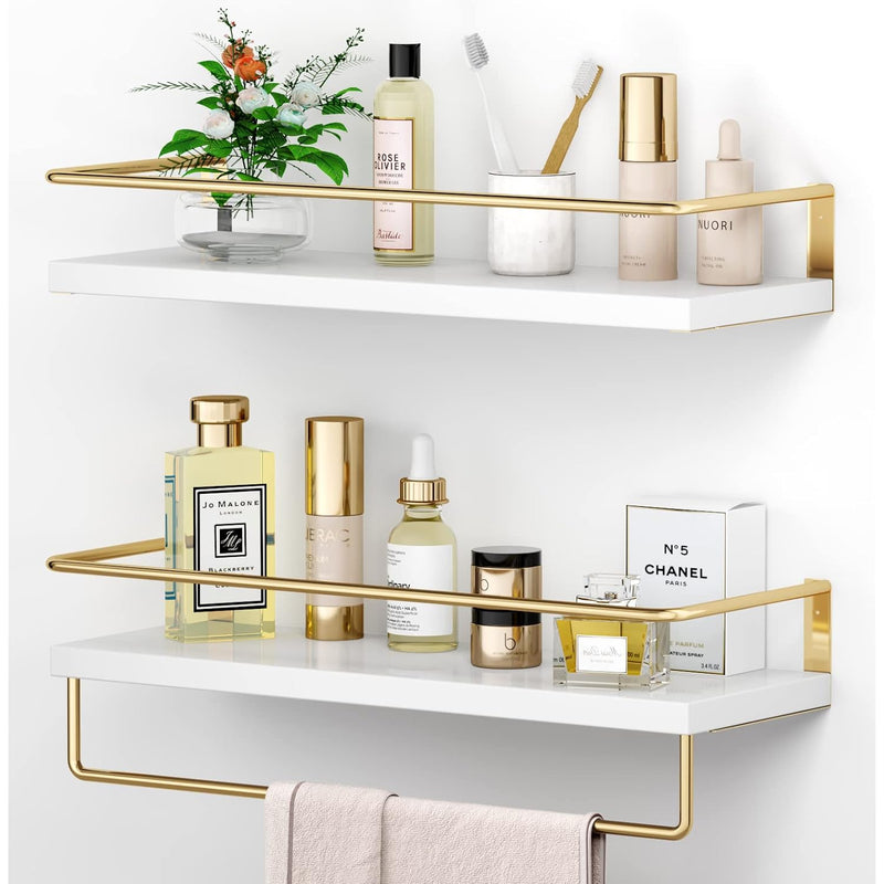 White Floating Shelves With Golden Towel Rack - Set Of 2 Wall Mounted Hanging