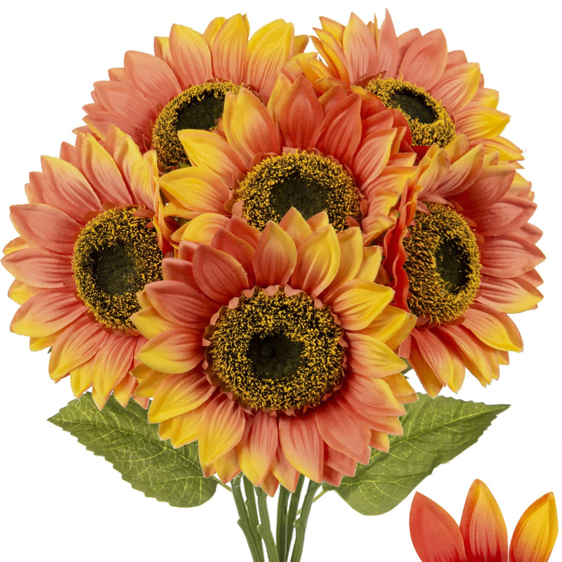 6 Pcs Large Sunflowers Orange Artificial Flowers 7" Vivid Long Stem Artificial