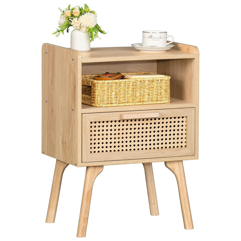 Rattan Nightstand, Side Table With Drawer And Storage, Bedside End Table With