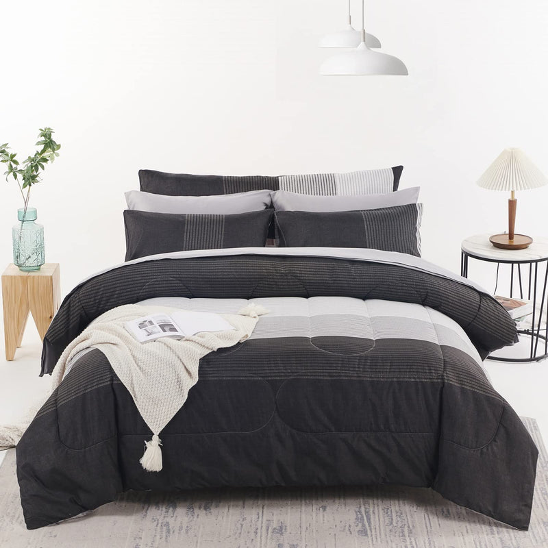 8Pcs Revsible Grey Black Striped Down Alternative Comforter Bedding Collection
