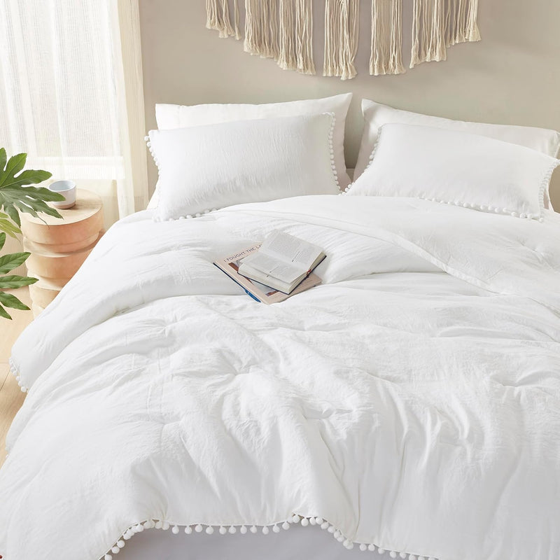 White Boho Queen Comforter Set, Aesthetic Luxurious Pom Fringe Design Bedding