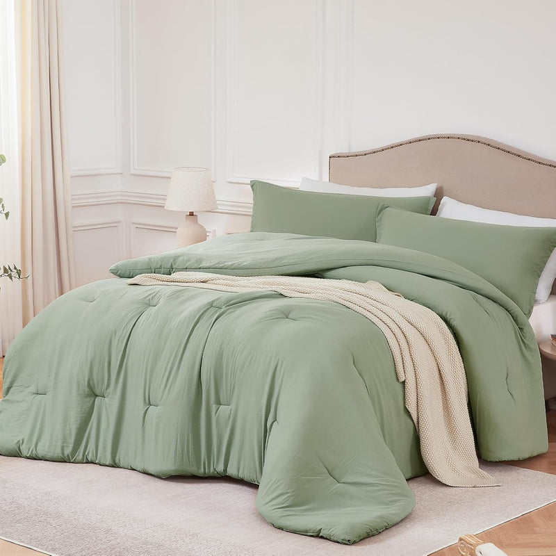 Sagegreen Queen Comforter Set - Boho 3 Pieces Lightweight Bedding Set - Washed