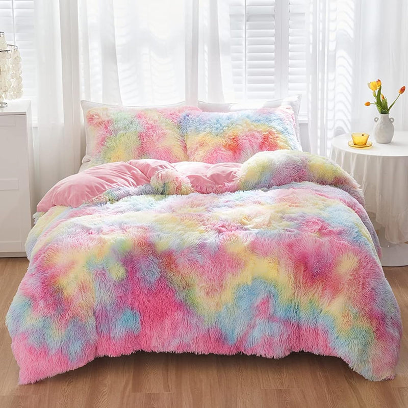 Pink Plush Shaggy Duvet Cover Twin Size Rainbow Tie Dye Faux Fur Bedding Set F