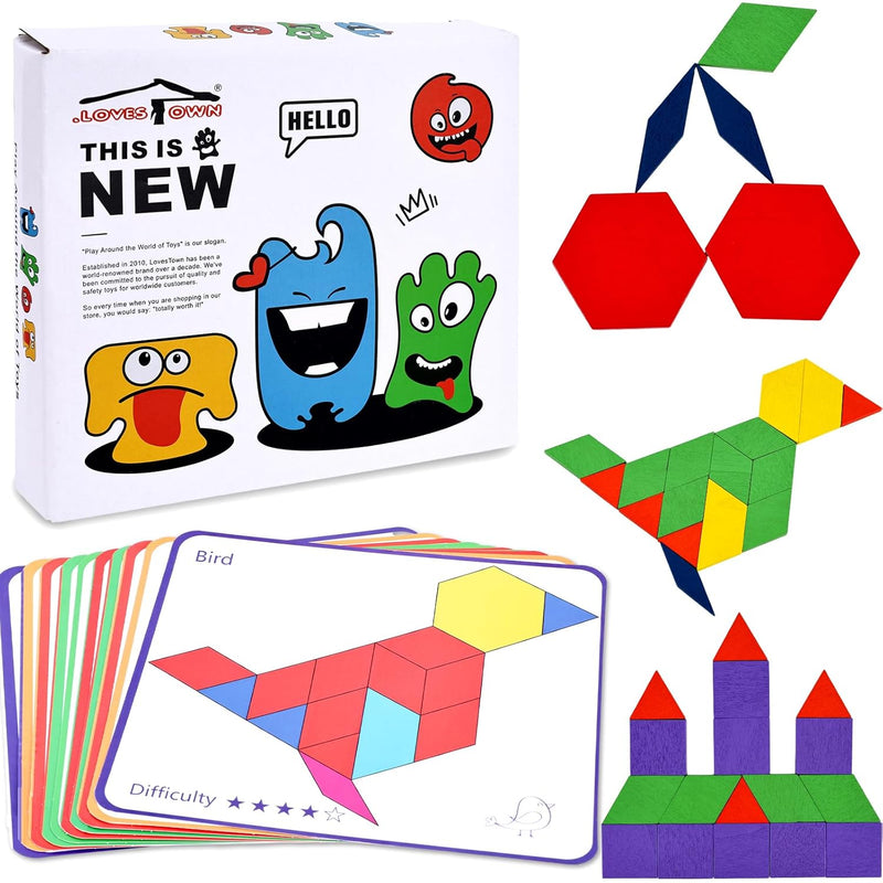 LovesTown 150PCS Wooden Pattern Blocks, Geometric Shapes Blocks Tangram Puz