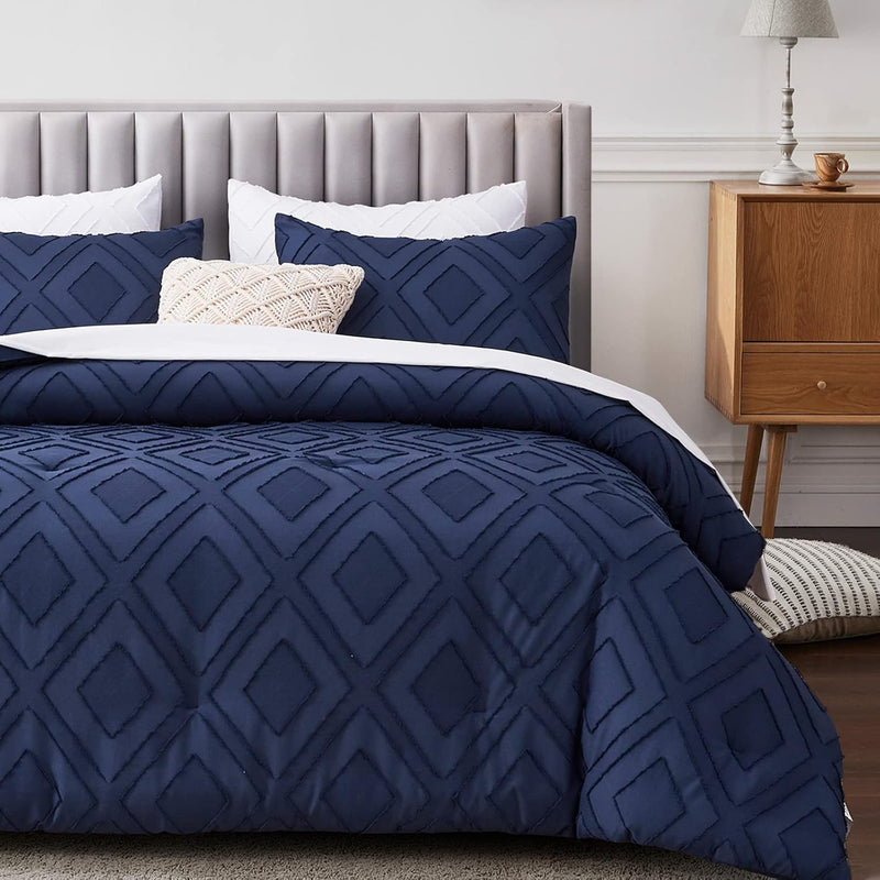 Boho Queen Comforter Set,Navy Blue Rhombus Tufted Queen Size Comforter Set Wit