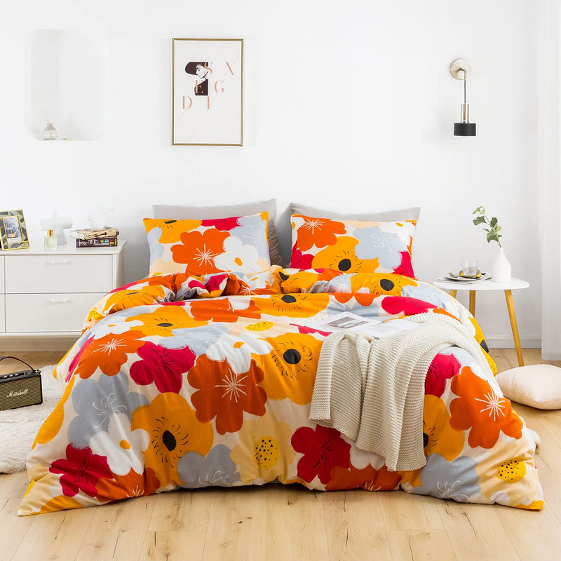 Floral Duvet Cover Queen 100% Cotton Orange Flower Duvet Cover Set 3 Pieces 1