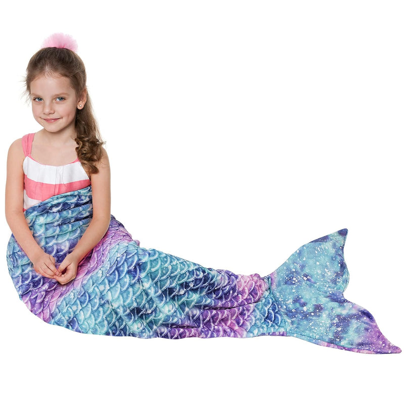 Kids Mermaid Tail Blanket, Super Soft Plush Flannel Sleeping Snuggle Blanket F