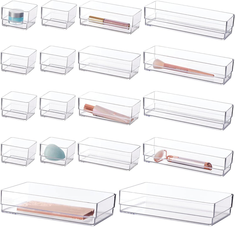 SimpleSort 18-Piece Stackable Clear Drawer Organizer Set | Multi-size Trays | Makeup Vanity Storage Bins and Office Desk Drawer Dividers