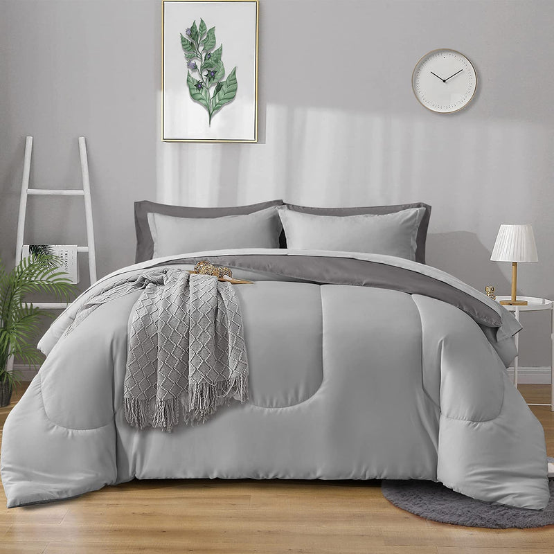 Gray Comforter Set Bed In A Bag With Dark Gray 7 Pieces King Soft Microfiber,
