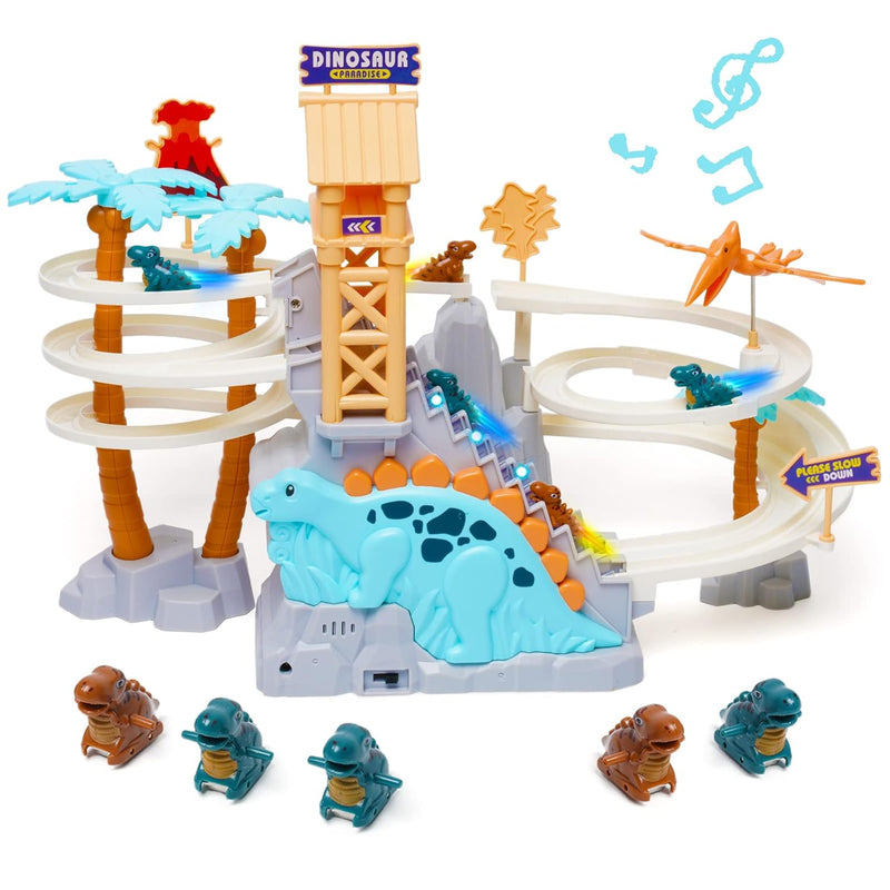 Dinosaur Chasing Race Track Game Set Double Loop Track Slide Toy Climb Stai