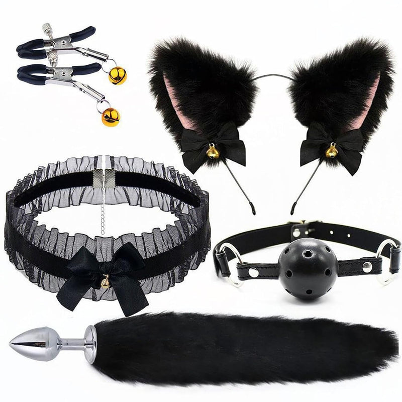 Bdsm Bondage Kit 5 Pcs Foxtail Anal Plug Set Sex Toy Kit With Butt Plug Headband Cat Ear Necklace Nipple Clamps And Gags Adult Toys For Men Women Couples Adult Sex Toys