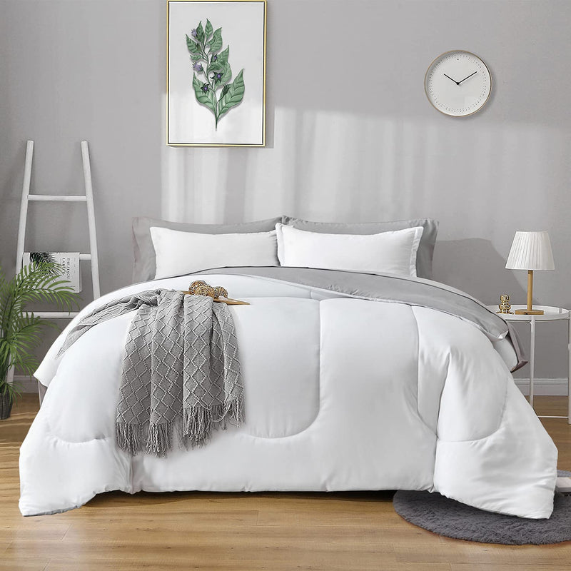Twin White Comforter Set Bed In A Bag With Gray Sheet Set Reversible Soft - 1