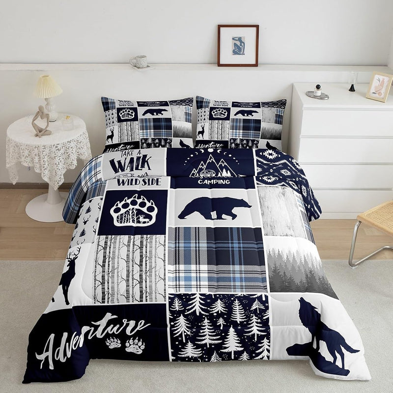 Deer Bear Kids Comforter Set Twin Size,Wolf Hunting Adventure Rustic Bedding S
