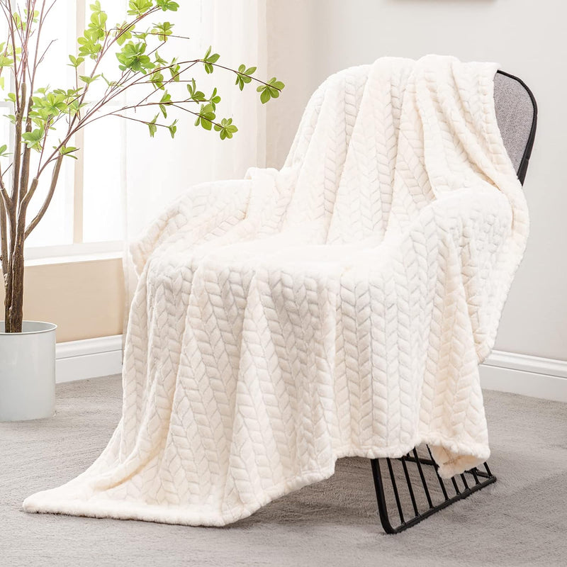 Large Flannel Fleece Throw Blanket, 50X70 Inches Soft Jacquard Weave Leaves Pattern Blanket For Couch, Cozy, Warm, Lightweight And Decorative Ivory Blanket