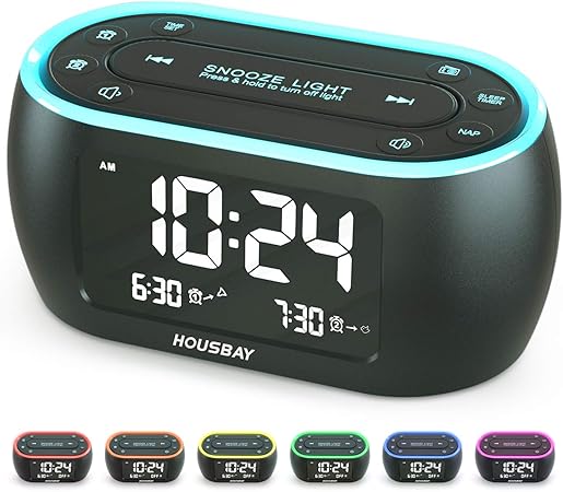 Glow Small Alarm Clock Radio for Bedrooms with 7 Color Night Light, Dual Alarm, Dimmer, USB Charger, Battery Backup, Nap Timer, FM Radio with Auto-Off Timer for Bedside