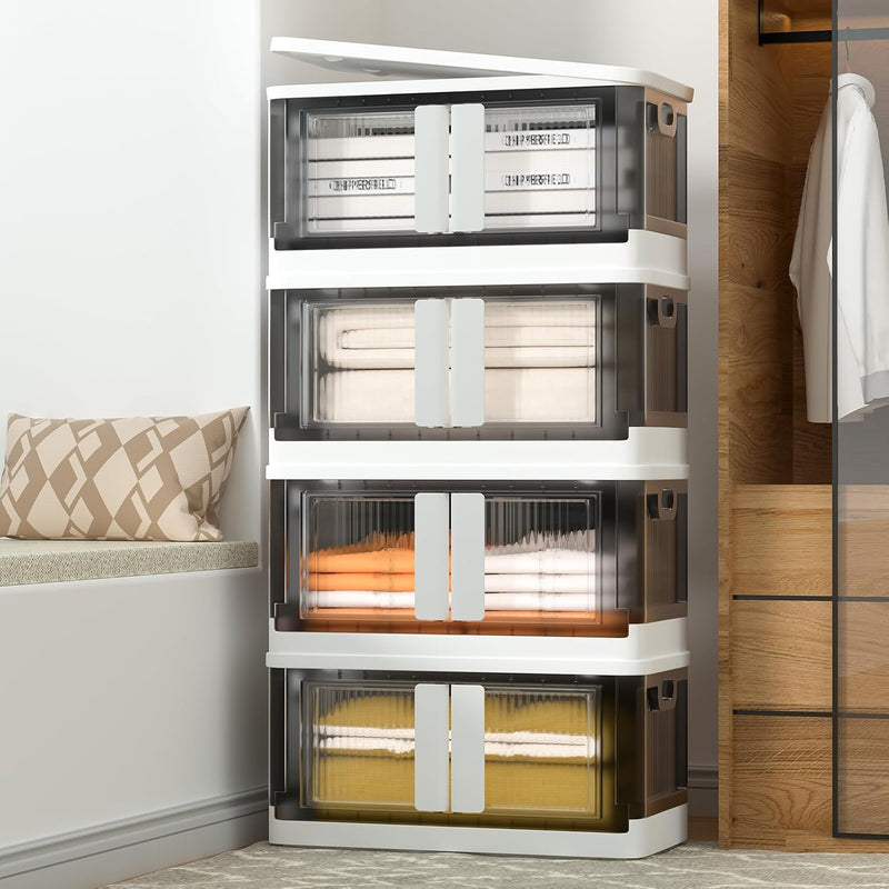 Closet Organizers and Storage 8.5 Gal, Storage Bins with Lids 4 Pack, Stackable Collapsible Storage Bins, Storage Cabinet with Wheels, Plastic Foldable Folding Box for Home, Dorm Room Essentials