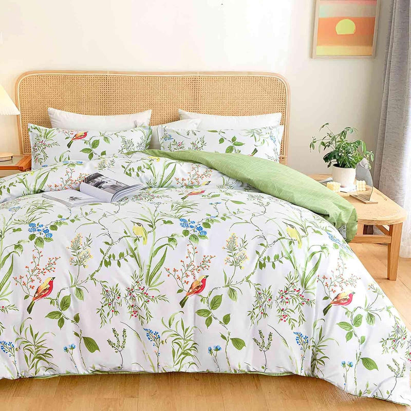 Queen Size Duvet Cover Set, Green Floral/Flower Leaf Bird Print Pattern, 3Pc 9
