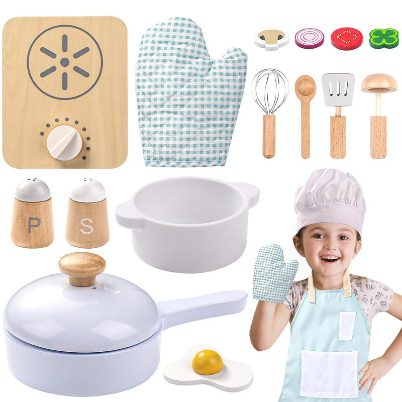 Wood Kids Play Kitchen Accessories Set, Pretend Play Cooking Toys Set, Kitchen