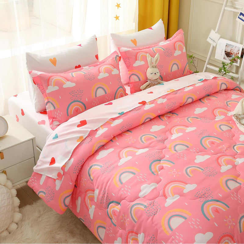 Kids Rainbow Comforter Set For Girls Teens Full Size 7 Piece Cloud Sun Pink Be