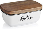 Butter Dish with Lid,Large Ceramic Butter Dish with Lid for Countertop, Butter Keeper with Thick Acacia Wood Lid, Kitchen Decor and Accessories for Kitchen Gifts, White