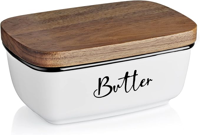 Butter Dish with Lid,Large Ceramic Butter Dish with Lid for Countertop, Butter Keeper with Thick Acacia Wood Lid, Kitchen Decor and Accessories for Kitchen Gifts, White